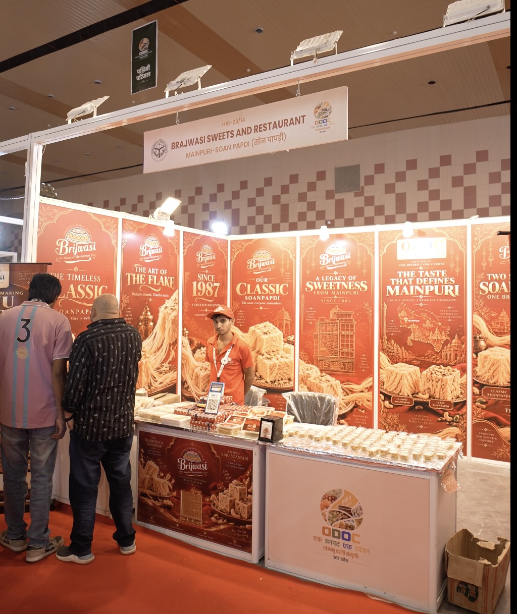 Original photograph of the Brijwasi Mainpuri Soan Papdi stall at UPITS 2026